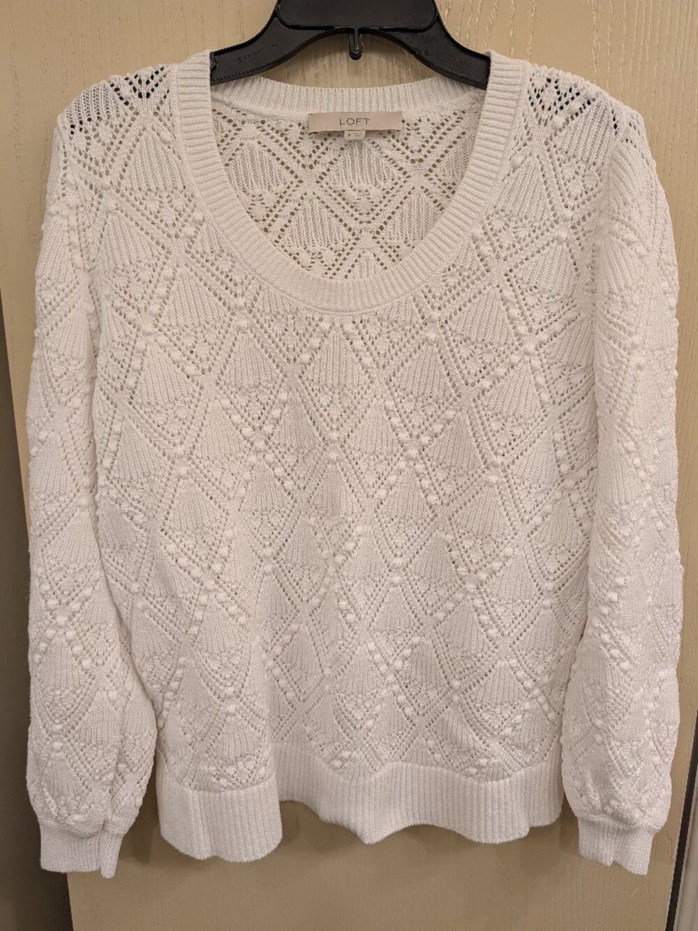 LOFT White Open Knit Pom Pom Balloon Sleeve Sweater - Size XL